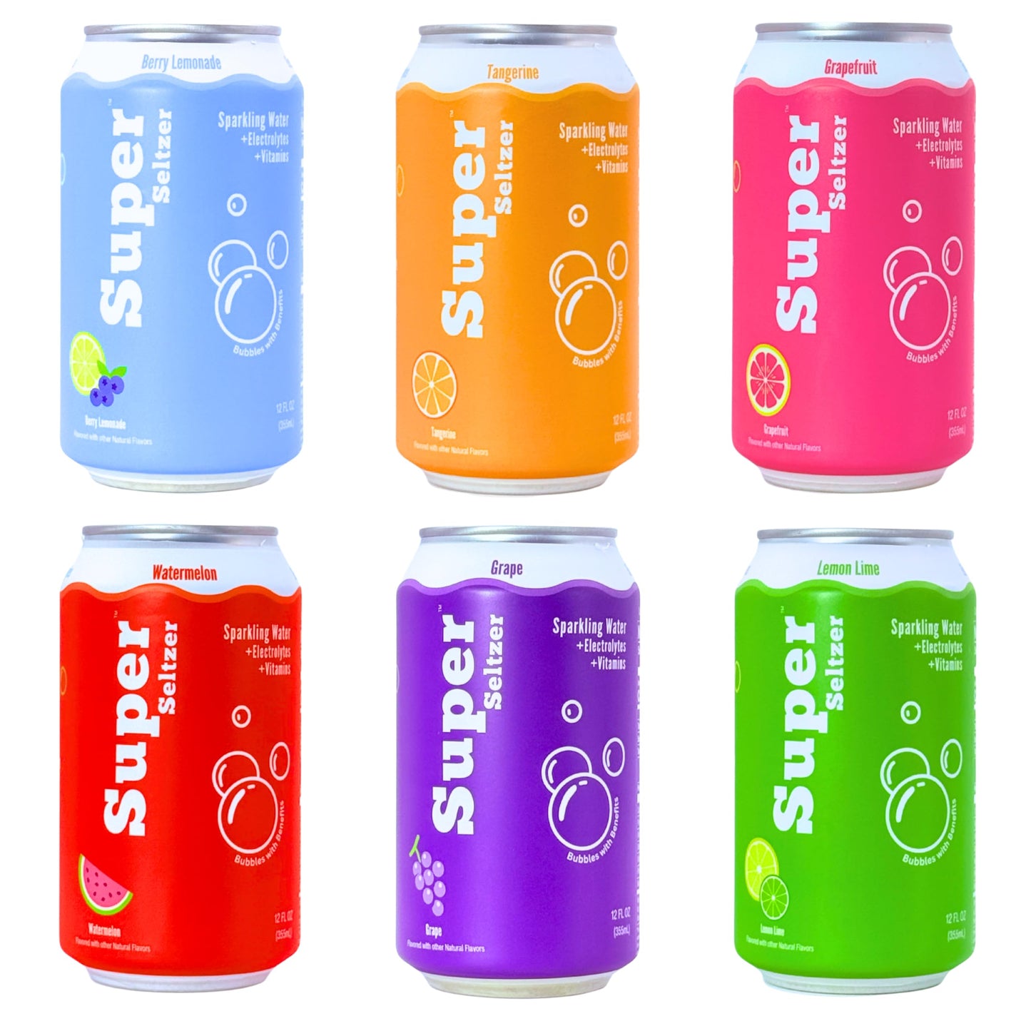 Super Seltzer Sparkling Water with Electrolytes and Vitamins, Original 6-Flavor Variety Pack, Naturally Flavored, 12 Fl Oz, Pack of 6 cans