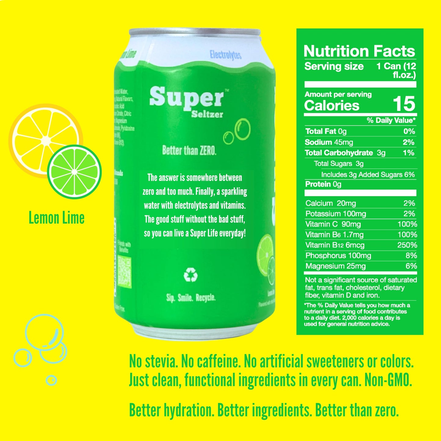 Super Seltzer Sparkling Water with Electrolytes and Vitamins, Lemon Lime Naturally Flavored, 12 Fl Oz, Pack of 12 cans