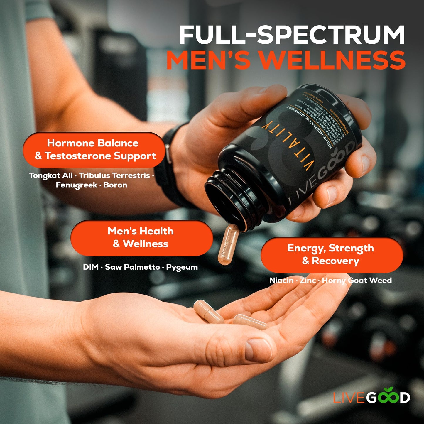 LIVEGOOD Vitality Men’s Support, Natural Men’s Supplement with Adaptogenic Herbs for Energy, Mood, Stamina and Endurance, Daily Vitality Formula for Performance and Wellness (60 Capsules)