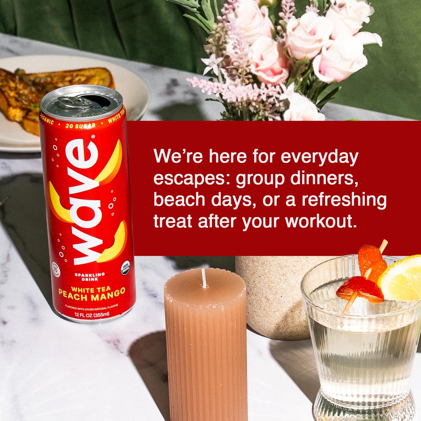 WAVE Organic Sparkling Drink | Low Calorie Drink, Peach Mango Lightly Carbonated | Great Natural Soda Alternative | USA Made Kosher No Added Sugar, Color, & Artificial Ingredients |12 Pack