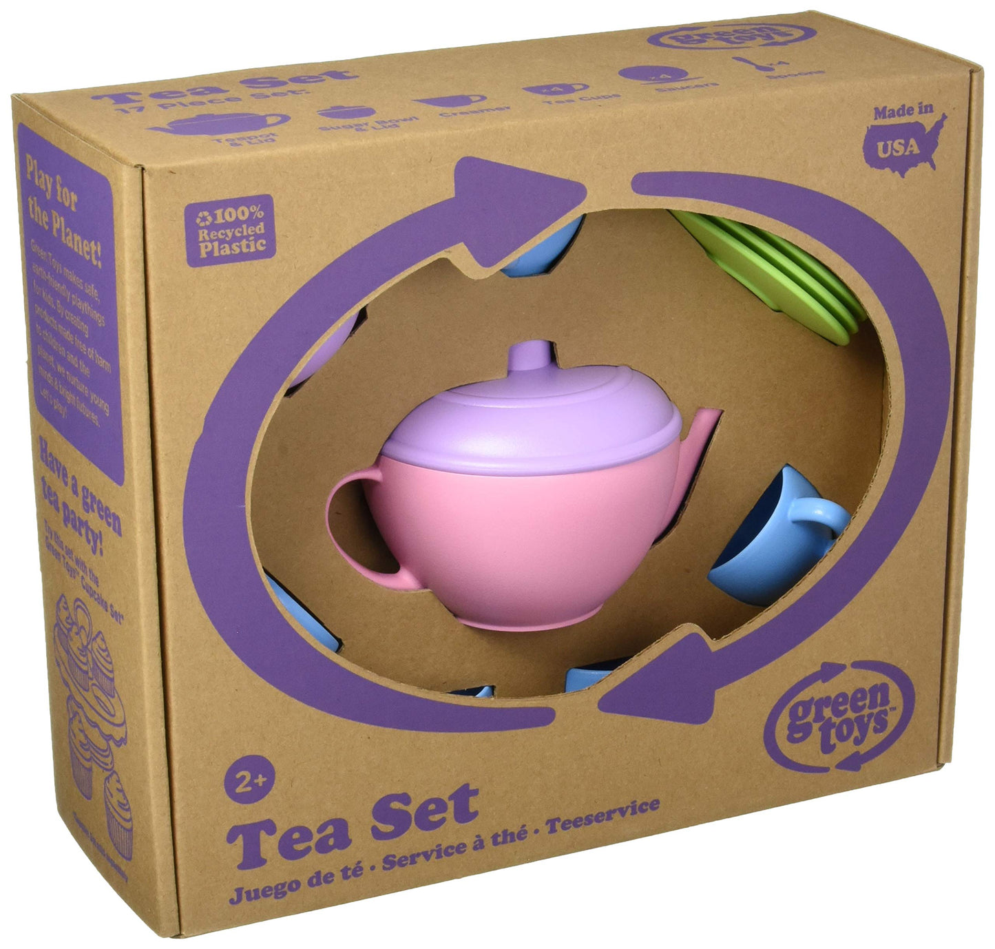 Green Toys Tea Set, Pink CB - 17 Piece Pretend Play, Motor Skills, Language & Communication Kids Role Play Toy. No BPA, phthalates, PVC. Dishwasher Safe, Recycled Plastic, Made in USA.