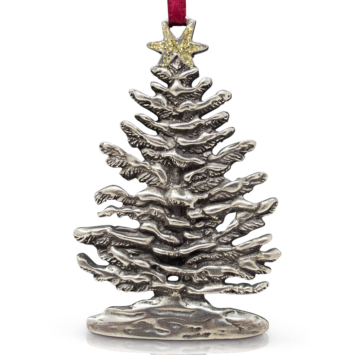 Danforth Snowy Christmas Tree Ornament (Gold Star) – Handcrafted Pewter Christmas Ornament – Satin Ribbon, 2 5/8” by 1 11/16”, Made in USA