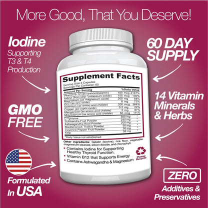 Saint Mingiano Thyroid Support Supplement with Iodine |120 Capsules to Help Body Mass & Improve Energy, Cardiovascular, Energy & Focus Formula | 14 Natural Vitamins