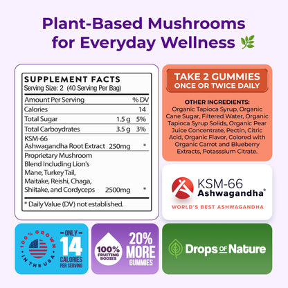 Ashwagandha Gummies and Lions Mane Mushroom Gummies Supplement - Organic - Reishi, Cordyceps, Turkey Tail, Maitake, Shitake, Chaga - Immune Defense, Boosts Cognitive Performance, Vegan, Low Carb