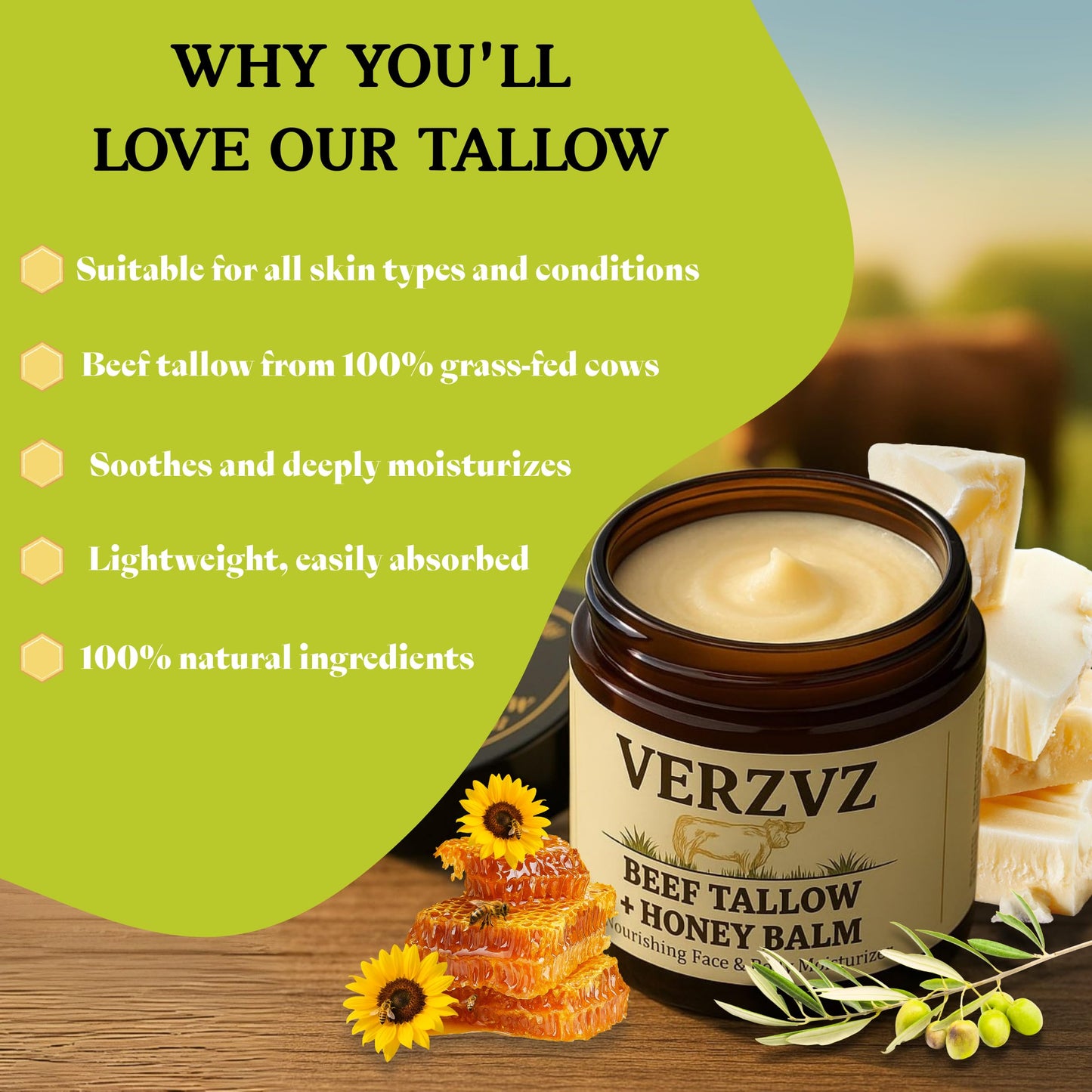 Beef Tallow for Skin and Face – Tallow and Honey Balm Moisturizer, 100% Grass-Fed Beef Tallow with Raw Organic Honey, Beeswax, Olive Oil & Vitamin E – Deep Hydration – Proudly Made in USA – 2oz