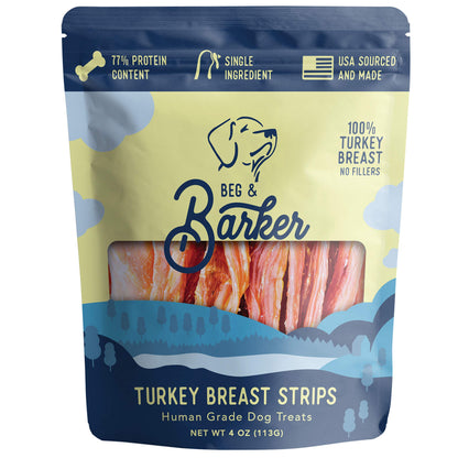 Beg & Barker Turkey Jerky for Dogs - Dog Training Treats - Natural Dog Treats Made in The USA - Grain Free, Diabetic-Friendly, High Protein, Sugar-Free