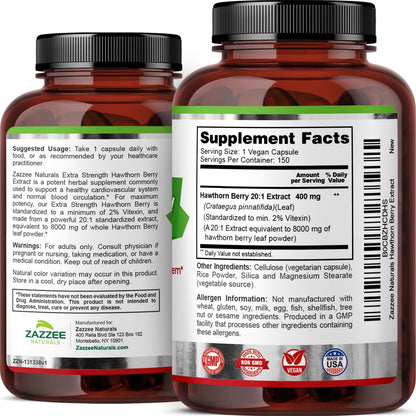 Zazzee Extra Strength Hawthorn Berry 20:1 Extract, 8000 mg Strength, 2% Vitexin, 150 Vegan Capsules, 5 Month Supply, Concentrated and Standardized Potent 20X Extract, Non-GMO and All-Natural