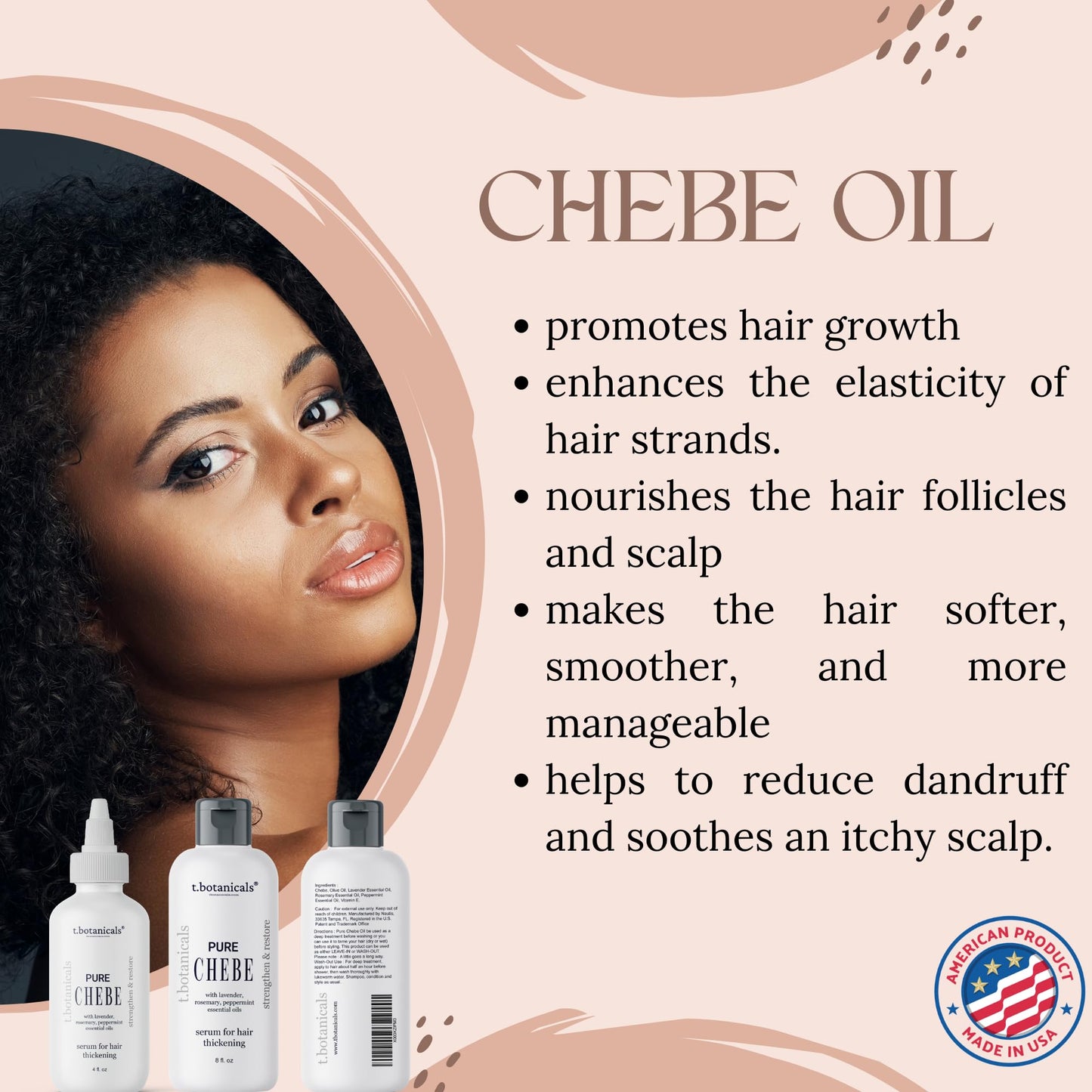 t.botanicals Hair Styling Agent - 8 oz Chebe Oil with Rosemary, Peppermint, and Lavender for Hair Growth, Reduces Split Ends and Hair Breakage, Preservative Free, Lavender Scent, Made in USA