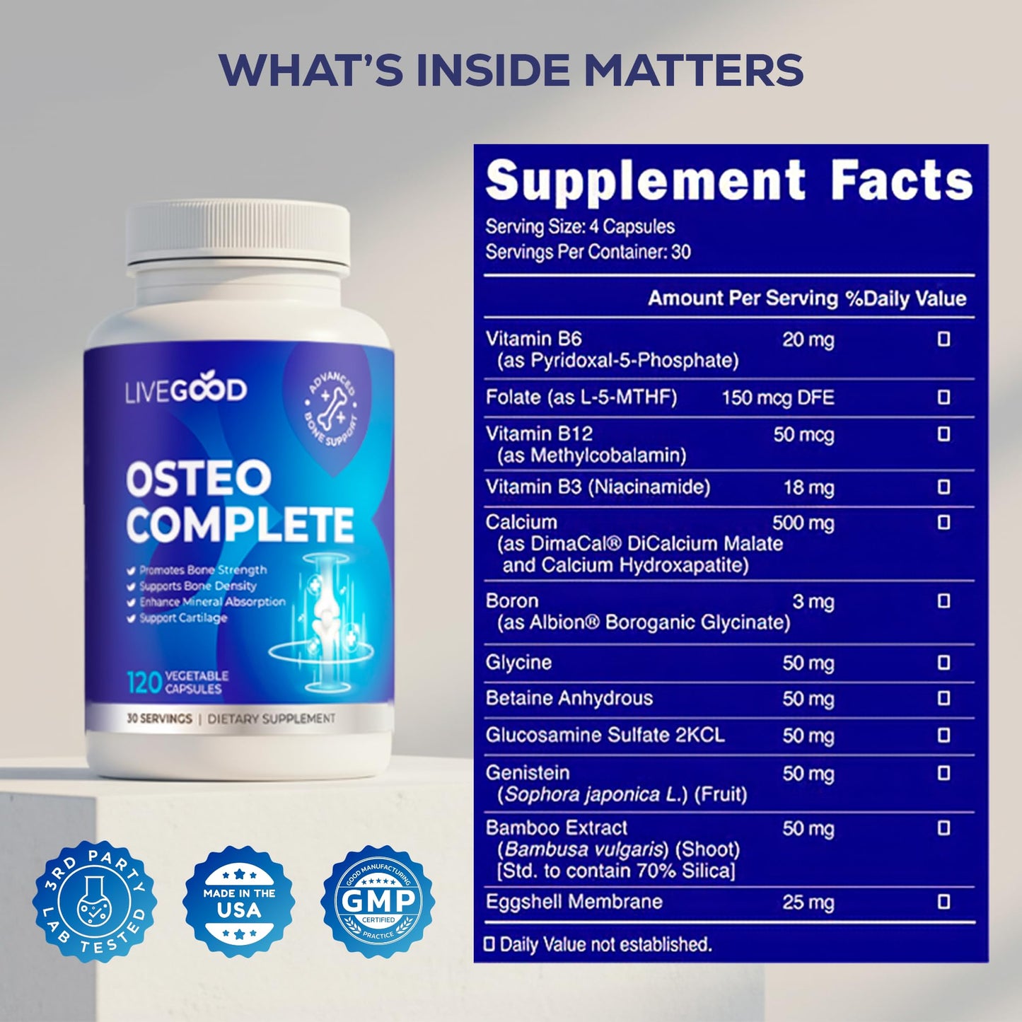 LiveGood Osteo Complete Bone and Joint Support with Highly Absorbable Calcium, Glucosamine, Eggshell Membrane, Boron and Silica for Bone Density, Flexibility and Mobility (90 Capsules)