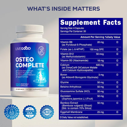 LiveGood Osteo Complete Bone and Joint Support with Highly Absorbable Calcium, Glucosamine, Eggshell Membrane, Boron and Silica for Bone Density, Flexibility and Mobility (90 Capsules)