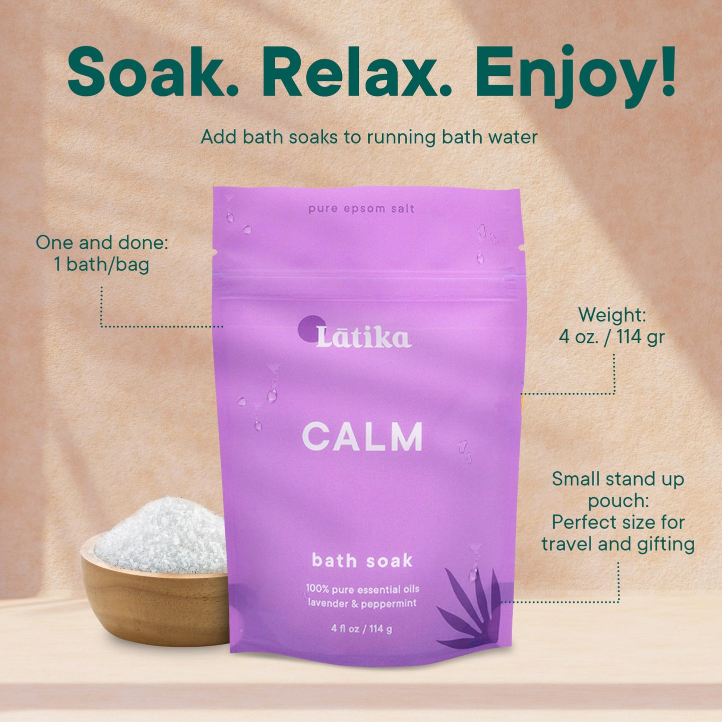 Latika Soaks Set of 3 - Calm Bath Soaks with Lavender & Peppermint, Moisturizing Epsom Salt Soak for Stress Relief, Relaxation, and Skin Nourishment, at-Home Spa Retreat Gift