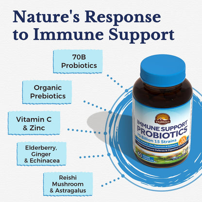 Vitalitown Probiotics 70 Billion CFU, Immune Support Probiotics Supplement, 15 Clinical-Strength Strains, with Vitamin C, Zinc, Elderberry & Echinacea, Digestive Health, 60 Vegan Capsules, Non-GMO