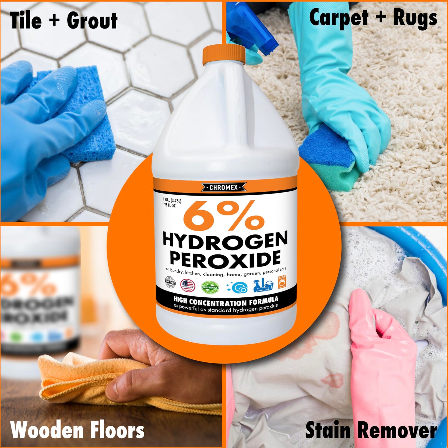Chromex 6 Percent Hydrogen Peroxide, Food Grade, Home, Kitchen, Bath Cleaner, Laundry, Whitening (128 fl oz (Pack of 1))