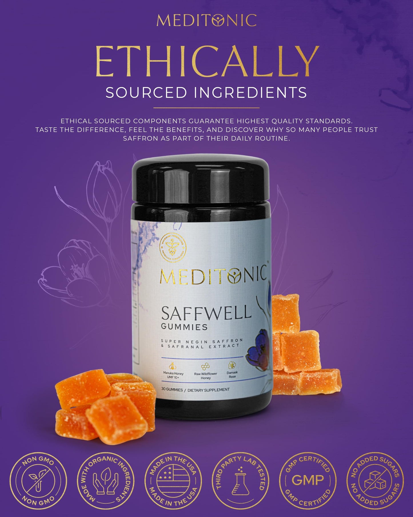 MEDITONIC™ Saffwell Gummies | Super Negin SAFFRON & Safranal | Mood, Vision, Focus Enhancer | 30 Premium U.S Made Gummies | Guranteed Superior American Made Quality