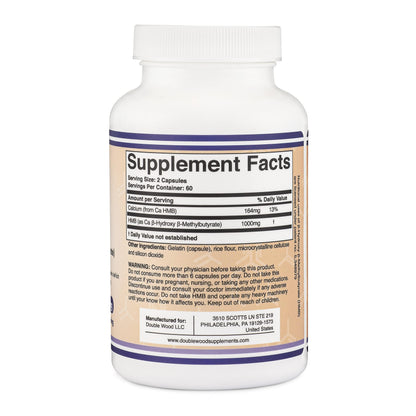 Double Wood Supplements HMB Supplement, Third Party Tested, Non-GMO, Gluten Free, 120 Capsules, 1000mg per Serving, 500mg per Capsule