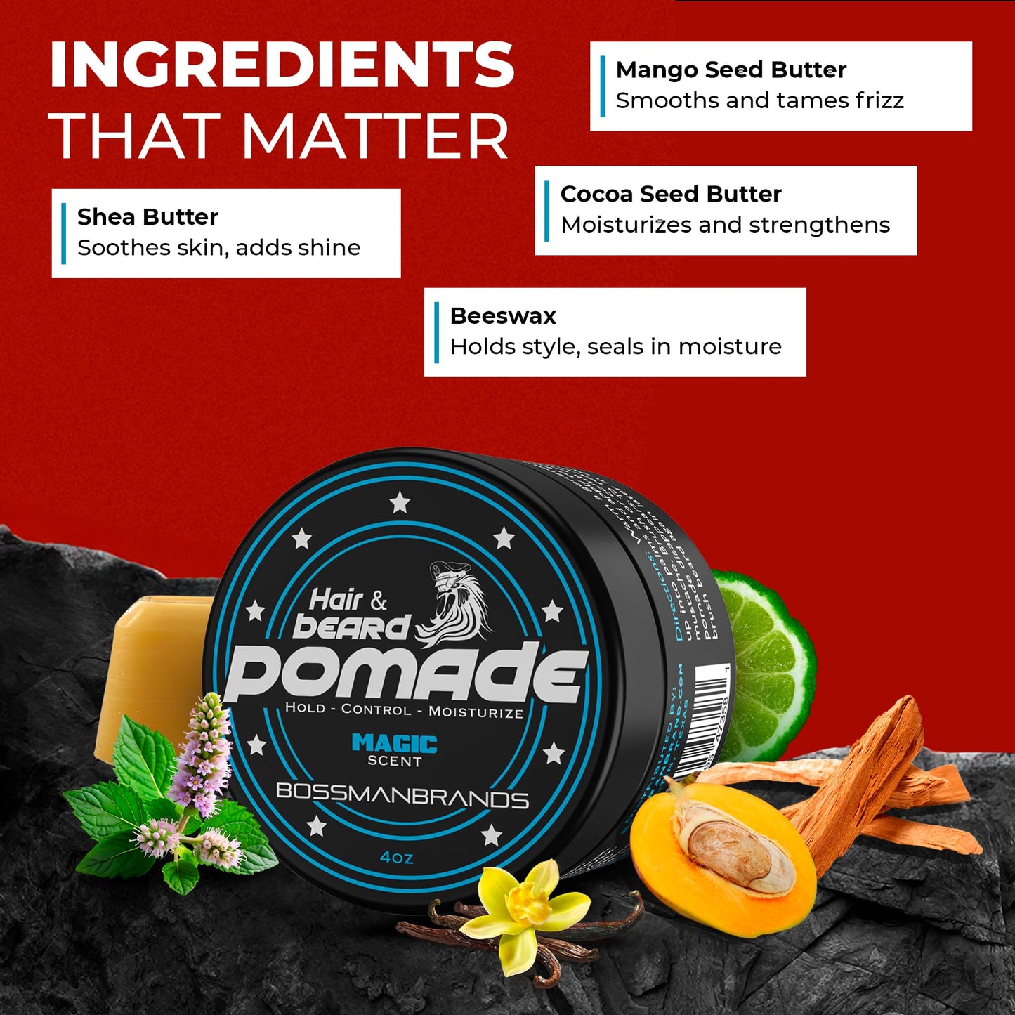 Bossman Hair & Beard Pomade for Men (Magic Scent) – Medium Hold & Moisturizing for Hair, Beard & Mustache Styling – Made in USA