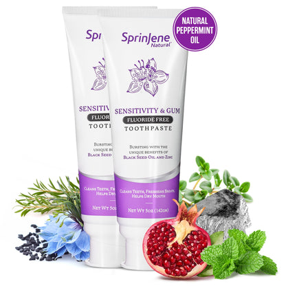 SprinJene Natural Fluoride Free Toothpaste for Sensitive Teeth & Gums – Patented Toothpaste with Black Seed Oil & Zinc – Vegan Dry Mouth Prevention for Fresh Breath – Made in The USA (2 Pack)