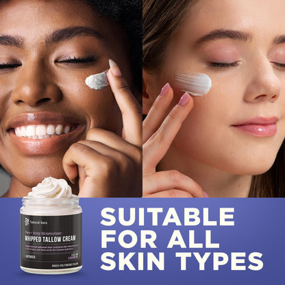 Whipped Beef Tallow for Skin - Face + Body Moisturizer, 100% Grass Fed Grass Finished Tallow and Honey Balm for Dry Skin - Natural Lotion - Free of Harsh Chemicals - 4oz, (Lavender)