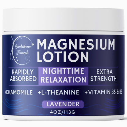 Brookethorne Naturals Nighttime Magnesium Lotion for Sleep | Lavender Magnesium Cream with L-Theanine & Chamomile | Topical Cream for Relaxation Adults & Kids | Non-Greasy, Vegan, Made in USA | 4oz