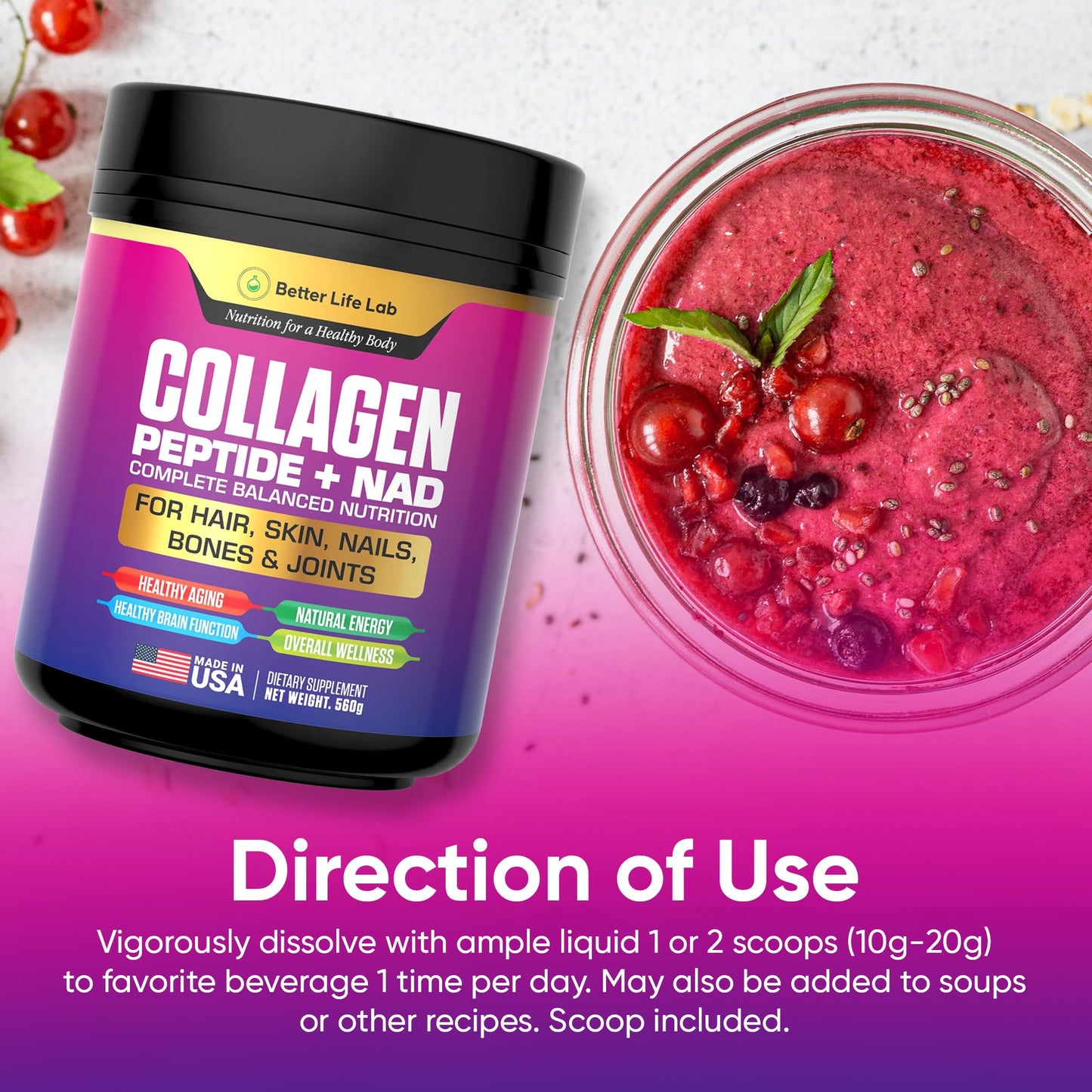 BETTER LIFE LAB Hydrolyzed Collagen Peptides with NAD – Supports Hair, Skin, Nails, Joints & Bones – Type I & III Collagen – Grass-Fed, Unflavored Powder