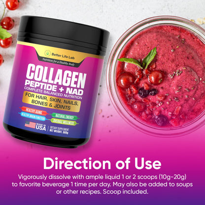 BETTER LIFE LAB Hydrolyzed Collagen Peptides with NAD – Supports Hair, Skin, Nails, Joints & Bones – Type I & III Collagen – Grass-Fed, Unflavored Powder