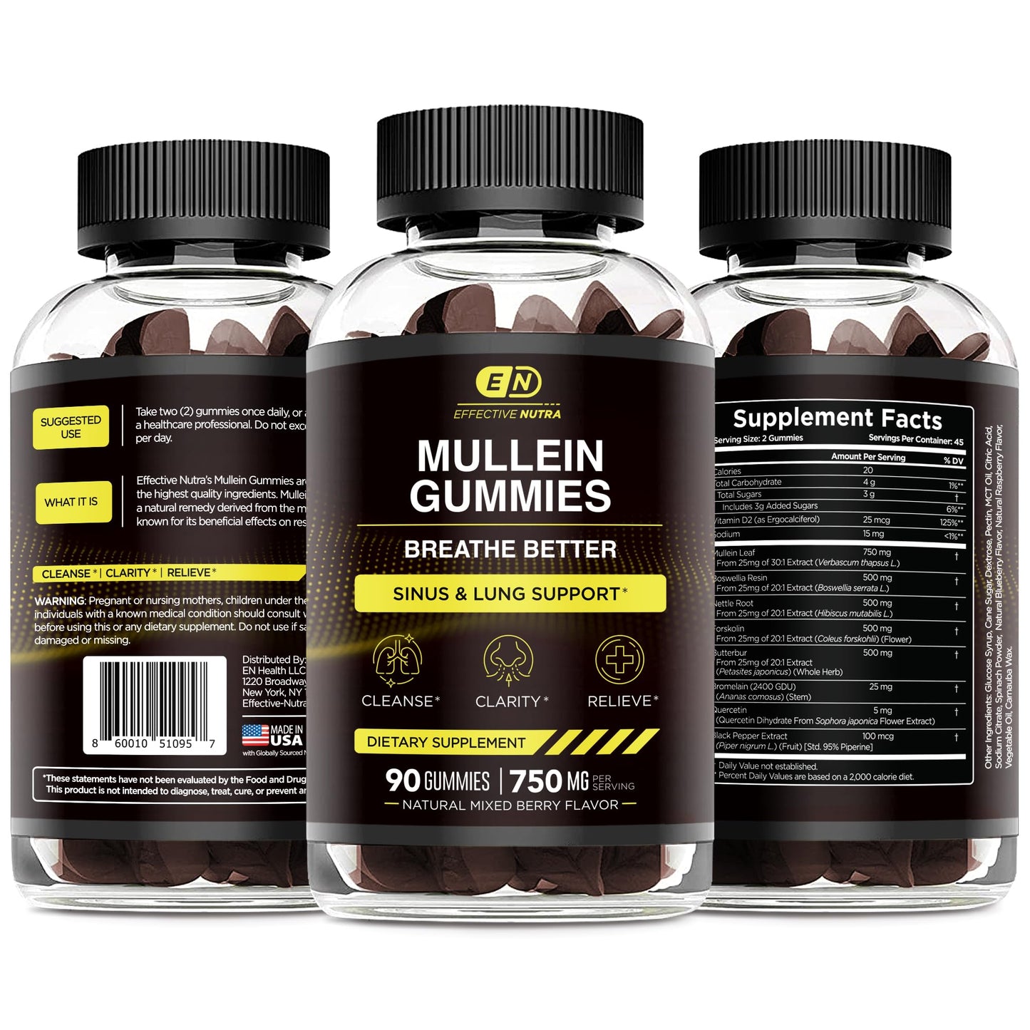 EFFECTIVE NUTRA 9in1 Mullein Gummies | Lung and Sinus Support for Cleanse, Clarity, and Relief | Vegan, Gluten-Free, Non-GMO Supplement | Natural Berry Flavor, 45-Day Supply, Made in USA (90ct)