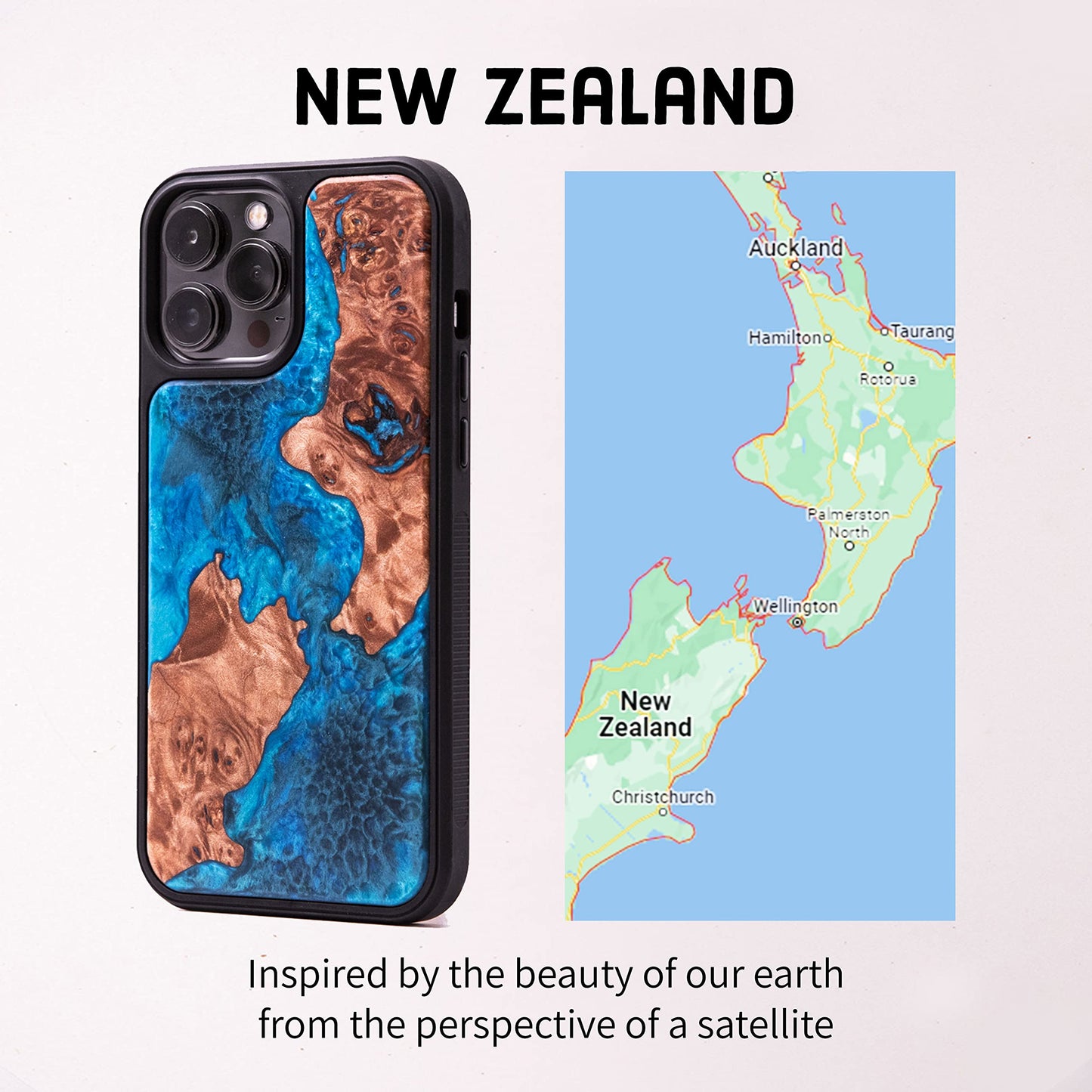 Carved - Designed for iPhone 14 | Burl Wood & Resin Traveler Case | MagSafe Compatible Magnet | One-of-A-Kind Inlay | Made in USA | Map of New Zealand