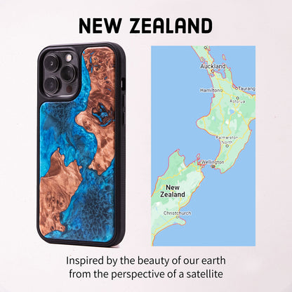 Carved - Designed for iPhone 14 | Burl Wood & Resin Traveler Case | MagSafe Compatible Magnet | One-of-A-Kind Inlay | Made in USA | Map of New Zealand