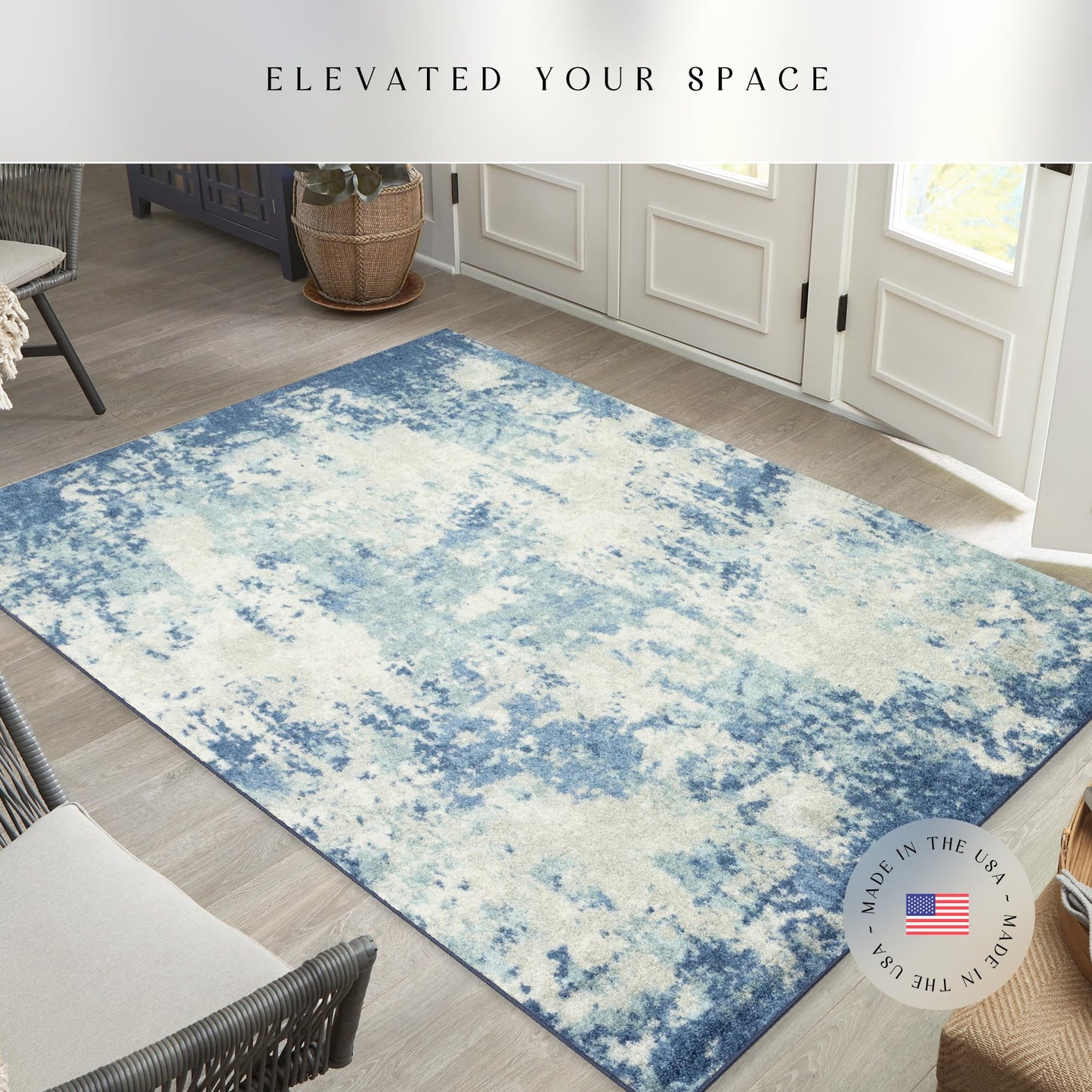 Maples Rugs Horizon Distressed Abstract Area Rug - Made in USA - Low Pile, Non Slip Pet-Friendly Mat for Bedroom, Office, Living & Dining Room, 5' x 7', Arctic Blue
