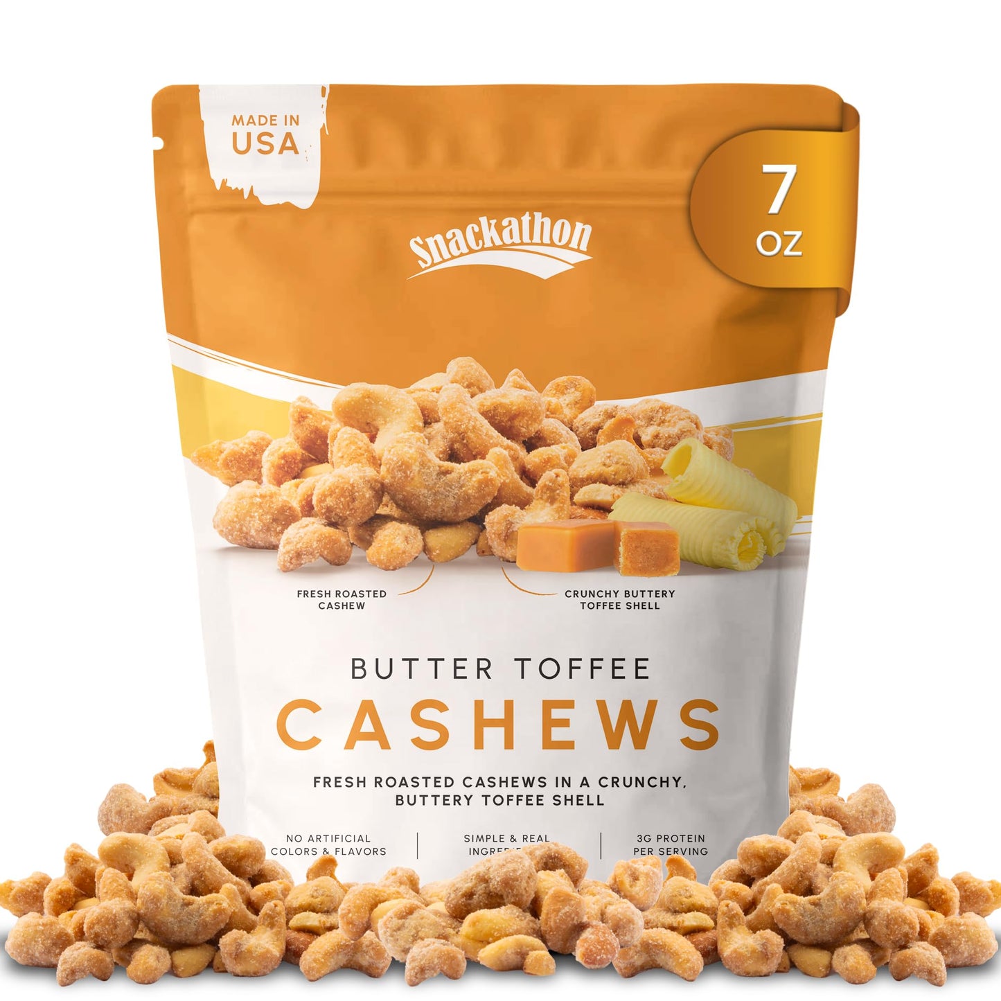 Snackathon Butter Toffee Cashews, 7 oz Resealable Bag, Made in USA, All-Natural Fresh Roasted Nuts Coated in a Crunchy Buttery Toffee Shell, Gourmet Sweet & Salty Snac