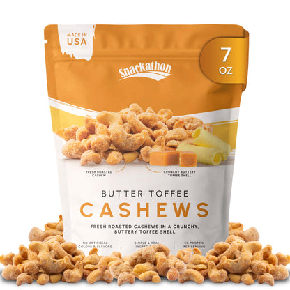 Snackathon Butter Toffee Cashews, 7 oz Resealable Bag, Made in USA, All-Natural Fresh Roasted Nuts Coated in a Crunchy Buttery Toffee Shell, Gourmet Sweet & Salty Snac