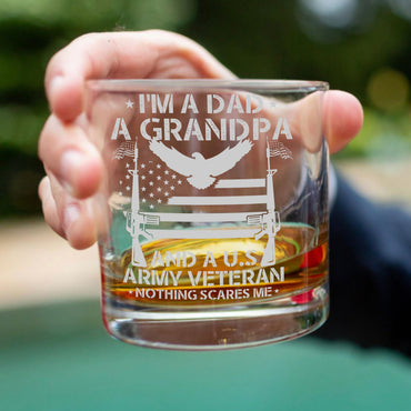 Army Engraved Whiskey Glass, Army Veteran Gift, Custom Etched Rocks Glass, Proud American Soldier, Made in USA, Father's Day Gift