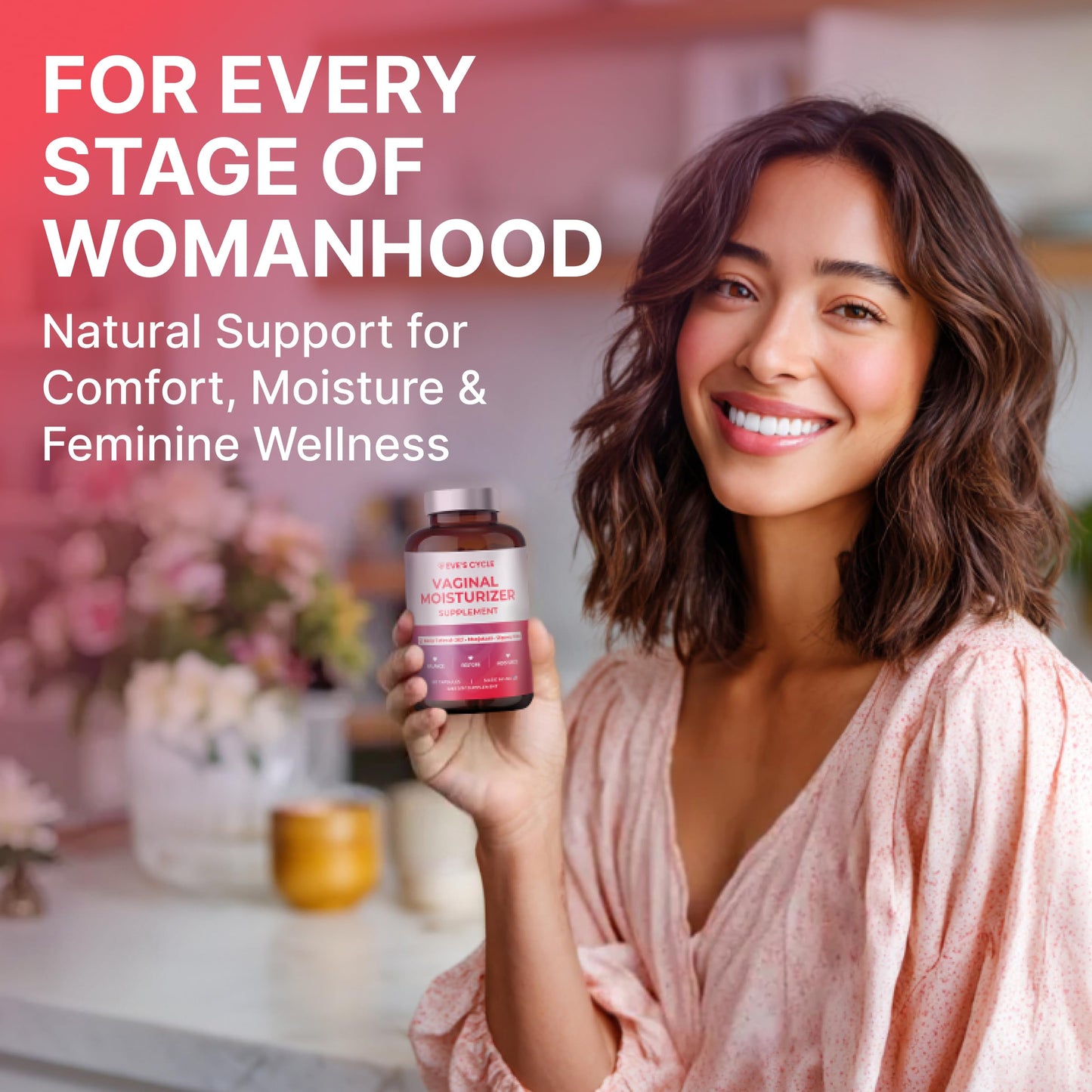 Eve's Cycle Vaginal Moisture + Tightening Supplement - Kacip Fatimah, Slippery Elm for Women, Manjakani for Vaginal Dryness - 60 Vegan Capsules - Made in USA