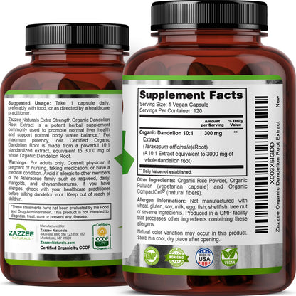 Zazzee USDA Organic Dandelion Root 10:1 Extract, 3000 mg Strength, 120 Capsules, 4 Month Supply, Standardized and Concentrated 10X Extract, 100% Vegetarian, All-Natural and Non-GMO