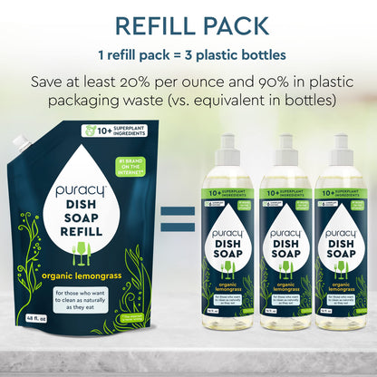 Puracy Natural Dish Soap Refill - Skin-Softening Plant-Based Liquid Dishwashing Detergent Soap, Clean-Rinsing Water-Sheeting Formula (Organic Lemongrass, 48 fl oz)