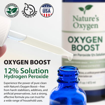 Nature’s Oxygen Food Grade Hydrogen Peroxide 12% Solution, 16 fl oz Pint Bottle with 2 fl oz Dropper, Only H₂O₂ & Water, Highly Concentrated, Made in USA