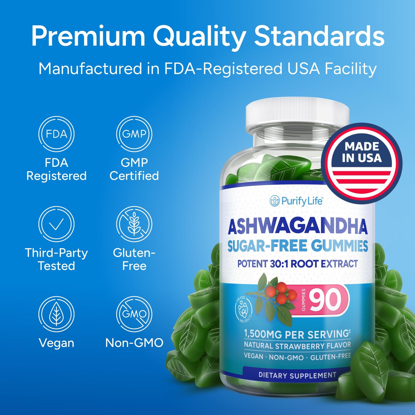Sugar-Free Ashwagandha Gummies for Stress, Sleep & Mood Support - High-Potency 30:1 Ashwagandha Supplement Extract - Vegan Adaptogen Supplement for Women & Men, Natural Flavor, Plant-Based, 90 Gummies