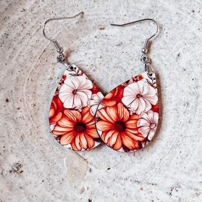 Burnt Orange Earrings for Women Fall Autumn Thanskgiving Lightweight Teardrop Dangle Fun Colorful Statement Jewelry Handmade by the Painted Pug (Fall Boho Floral)