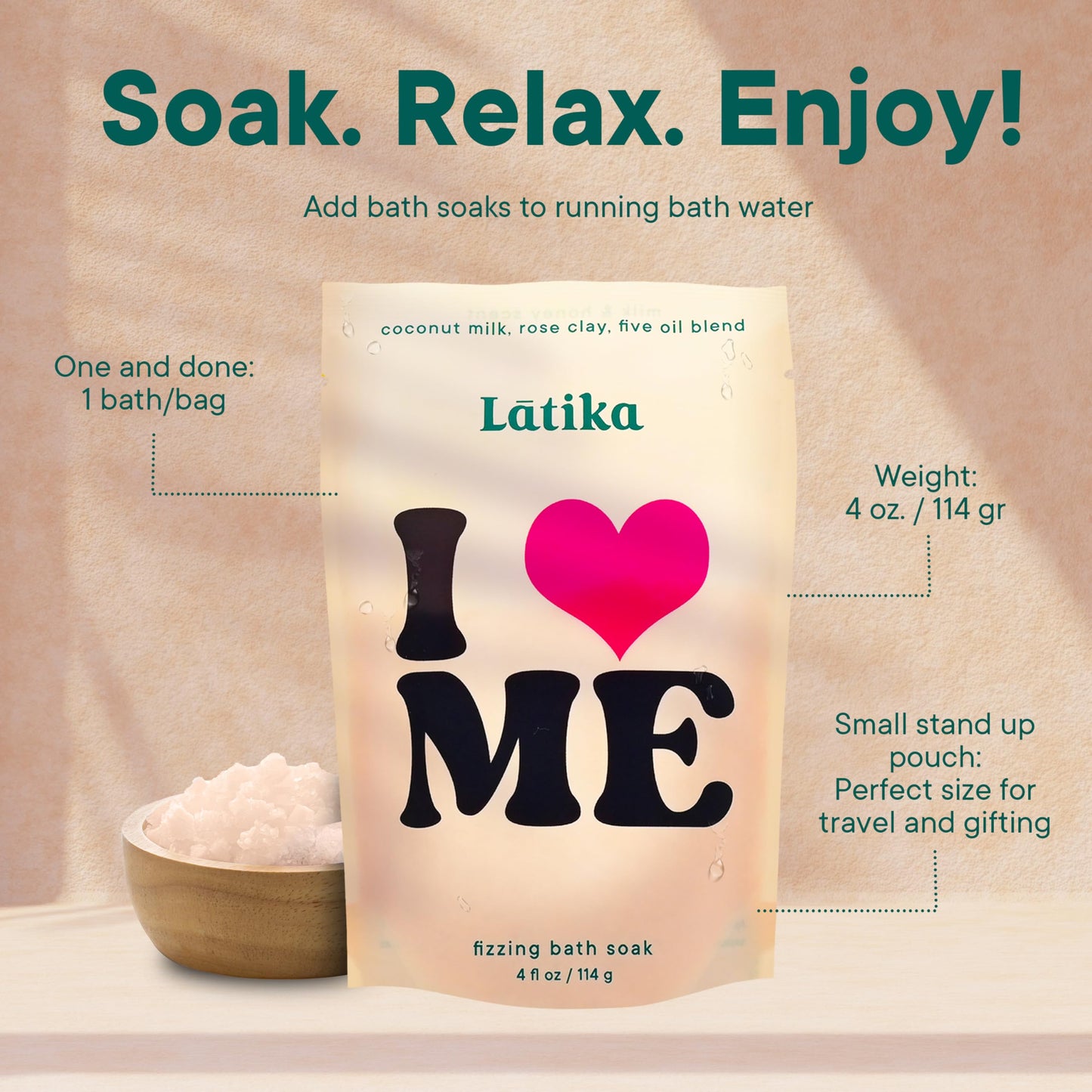 Latika Soak Set of 3 - I Heart Me Bath Soaks with Oats, Milk & Honey for Self-Love & Self-Care – for Relaxation, Muscle Recovery & Skin Nourishment – Stress Relief Soaking Salts