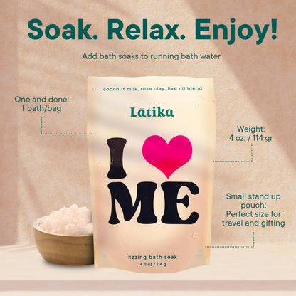 Latika Soak Set of 3 - I Heart Me Bath Soaks with Oats, Milk & Honey for Self-Love & Self-Care – for Relaxation, Muscle Recovery & Skin Nourishment – Stress Relief Soaking Salts