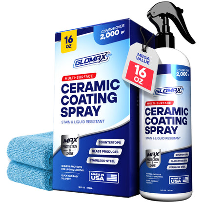 GLOMAX Home Ceramic Coating Spray Kit (16 oz) - Shine, Seal & Protect Stainless Steal, Glass, Kitchen & Bath Surfaces - Extremely Hydrophobic - Repels Stains & Grime - Includes 2 Micro Fiber Towels