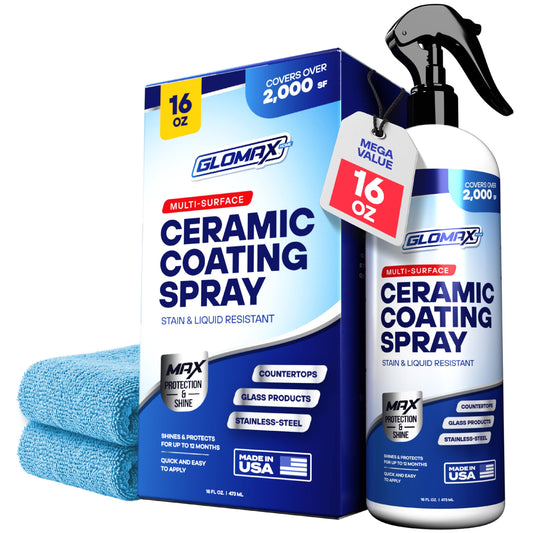 GLOMAX Home Ceramic Coating Spray Kit (16 oz) - Shine, Seal & Protect Stainless Steal, Glass, Kitchen & Bath Surfaces - Extremely Hydrophobic - Repels Stains & Grime - Includes 2 Micro Fiber Towels