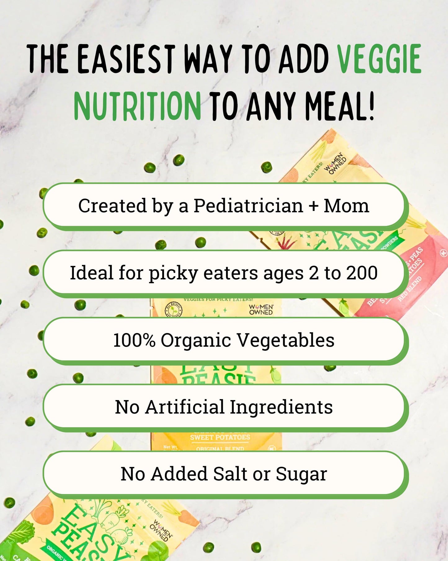 Easy Peasie Organic Veggie Powder – Green Blend – 5 oz Pouch – Vegetable Powder for Kids and Picky Eaters – Add to Meals and Smoothies