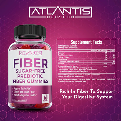 Atlantis Nutrition Sugar Free Fiber Gummies for Adults - 5G Fiber Supplement Formulated with 5.4G Prebiotic Digestive Blend - Supports Gut Health & Promotes Healthy Digestion - 2-Pack 120 Gummies