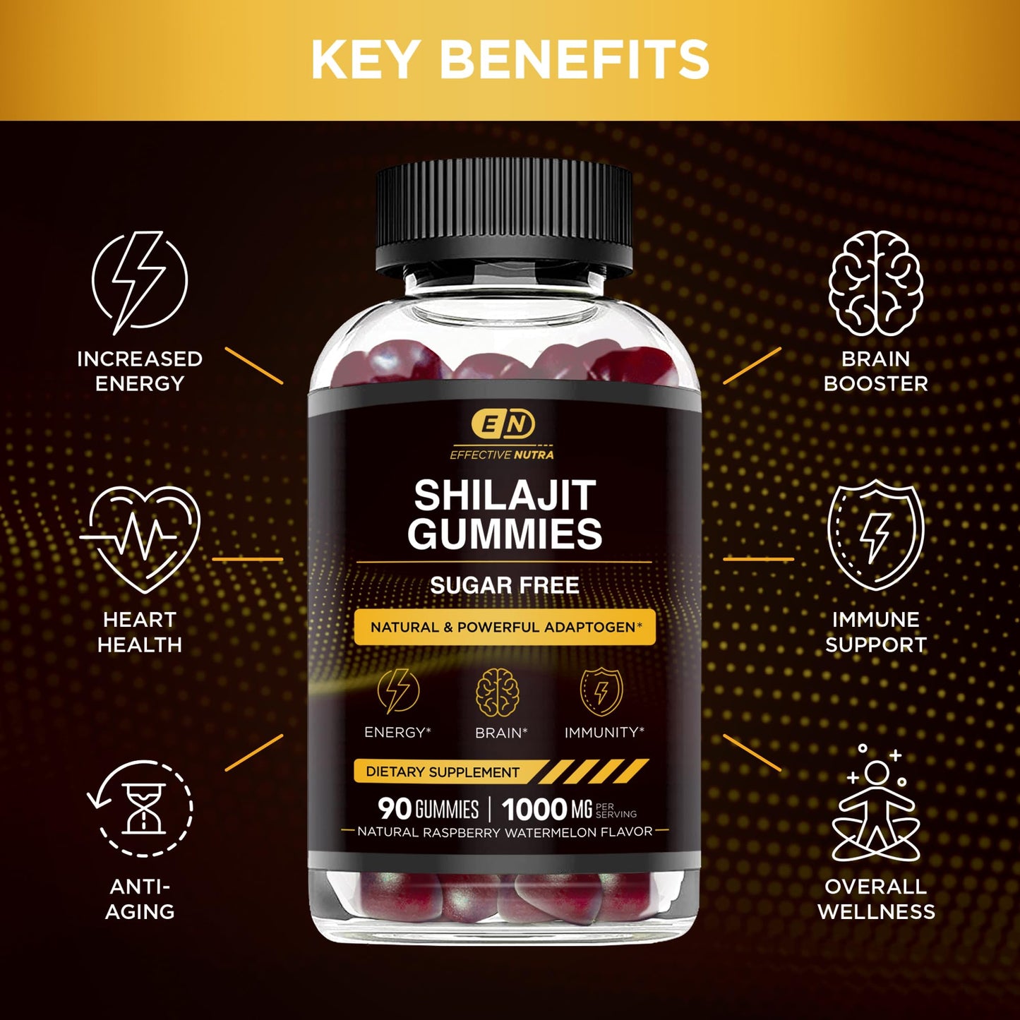 EFFECTIVE NUTRA Shilajit Gummies 1000mg | Pure Shilajit Resin for Energy, Brain & Immunity | Supplement for Men & Women | Sugar-Free, Vegan, Gluten-Free | Natural Berry Flavor, Made in USA (90ct)