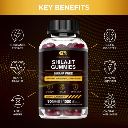 EFFECTIVE NUTRA Shilajit Gummies 1000mg | Pure Shilajit Resin for Energy, Brain & Immunity | Supplement for Men & Women | Sugar-Free, Vegan, Gluten-Free | Natural Berry Flavor, Made in USA (90ct)
