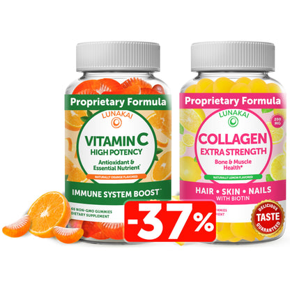 Lunakai Vitamin C and Collagen Gummies Bundle - 300mg Organic, Non-GMO, Vegan VIT C Chewable Gummy - Anti Aging Supplements for Men & Women - 30 Days Supply