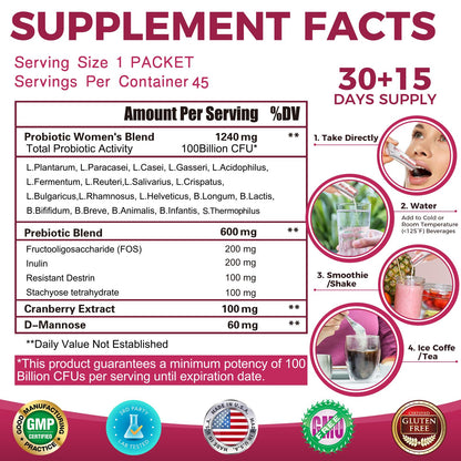 ZEBORA Probiotics-for-Women 100-Billion-CFUs with Prebiotics, D-Mannose & Cranberry for Digestive, Immune, Feminine UT Health Support, Ultimate Probiotic Women's Care, Soy & Gluten Free, 45 Packets