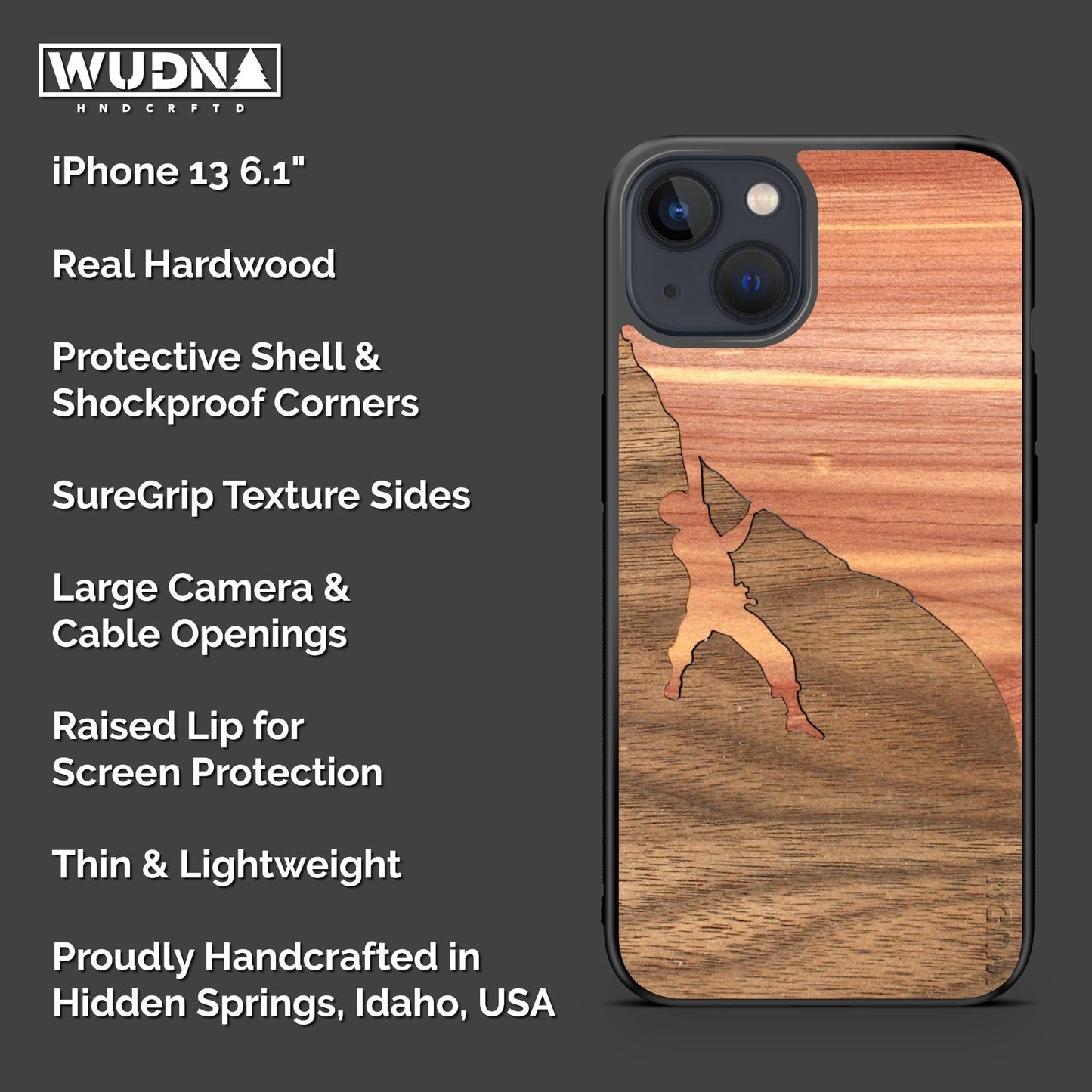 WUDN Slim Wooden Phone Case (Rock Climber Walnut Sky) Compatible with iPhone 13