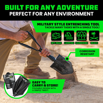 RHINO USA Folding Survival Shovel w/Pick - Heavy Duty Carbon Steel Military Style Entrenching Tool for Off Road, Camping, Gardening, Beach, Digging Dirt, Sand, Mud & Snow.